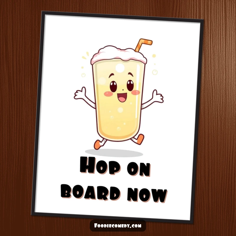 Funny poster art of a bubbly beverage engaged in a joyful little hop, radiating happiness and effervescence for wall decor.