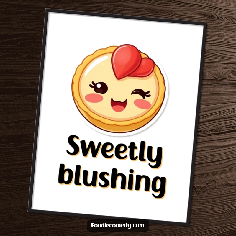 Funny blushing fruit tart poster, a delighted dessert character adding sweet charm to wall art.