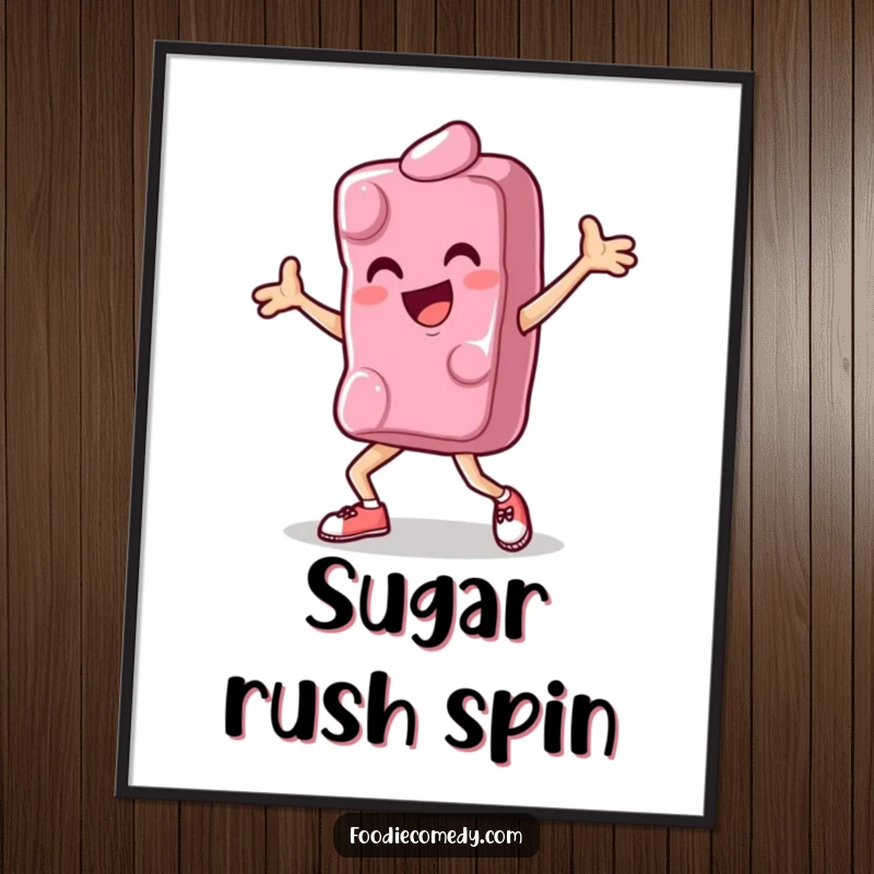 Funny poster art of a happy candy executing a dynamic breakdance move, capturing a moment of vibrant, youthful energy.