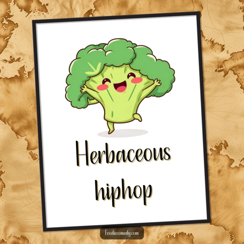 Funny broccoli poster featuring a happy broccoli doing a kick-ball-change, adding humor and vibrancy to decor.