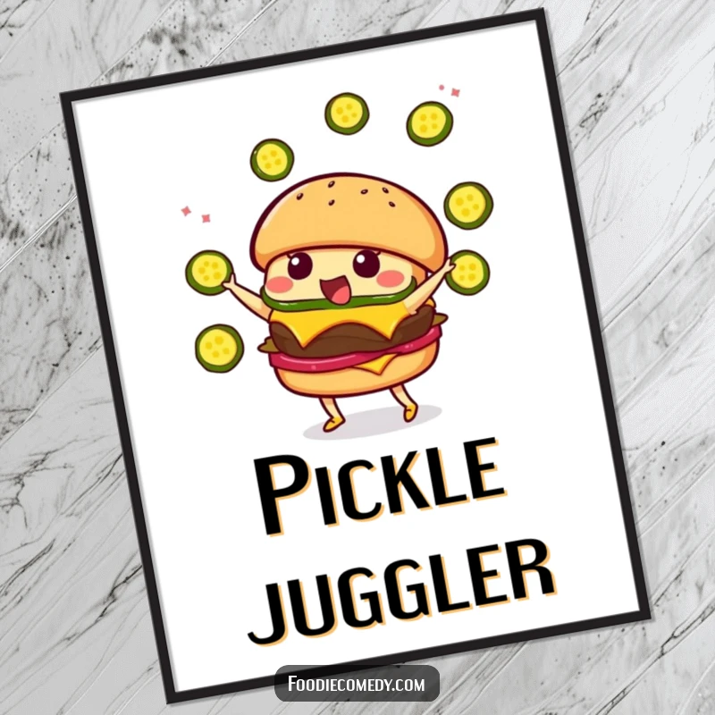 Funny Burger Juggling Poster: A whimsical kawaii burger character joyfully juggling pickle slices, perfect wall art.