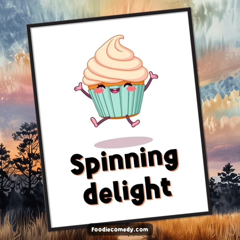 Funny Cupcake Cartwheel Poster showing a happy dessert doing a cartwheel, perfect for adding whimsical decor.