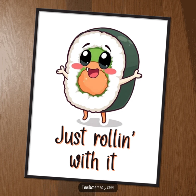 Funny sushi roll poster art of a dancing character with exaggerated happy eyes, bringing lively energy.