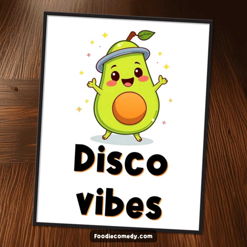 Funny delighted avocado performing a disco spin, a groovy fruit art poster.