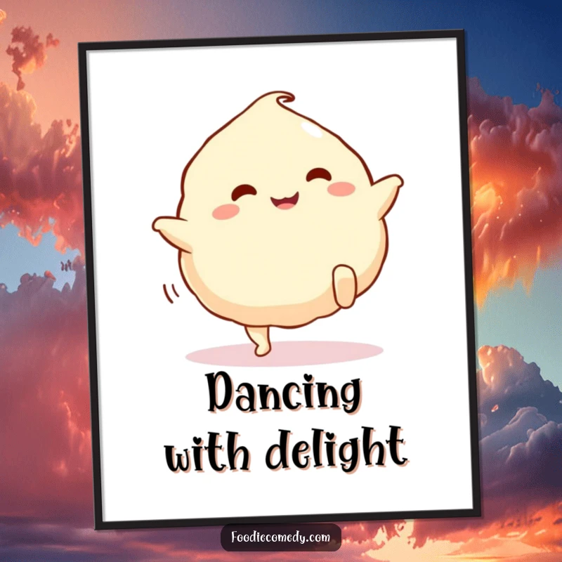 Funny dumpling poster, a cute cartoon dumpling with legs doing a happy kick, bringing playful energy to any room.