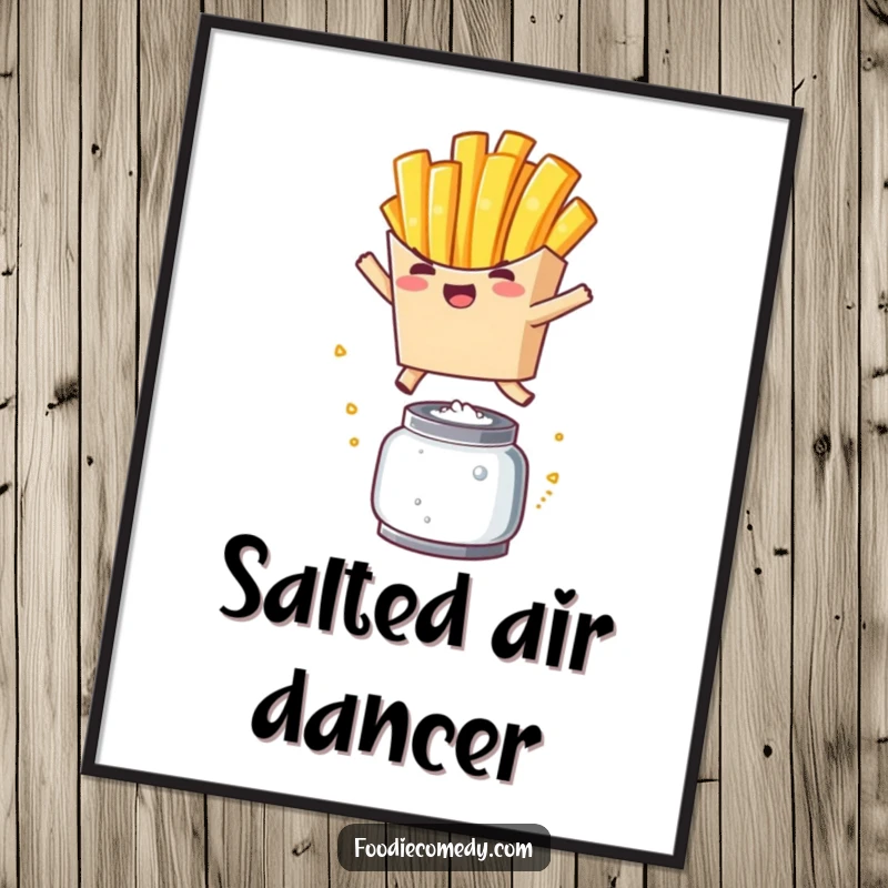 Funny French Fry Leap Poster: A whimsical kawaii french fry character joyfully leaping over a salt shaker, perfect wall art.