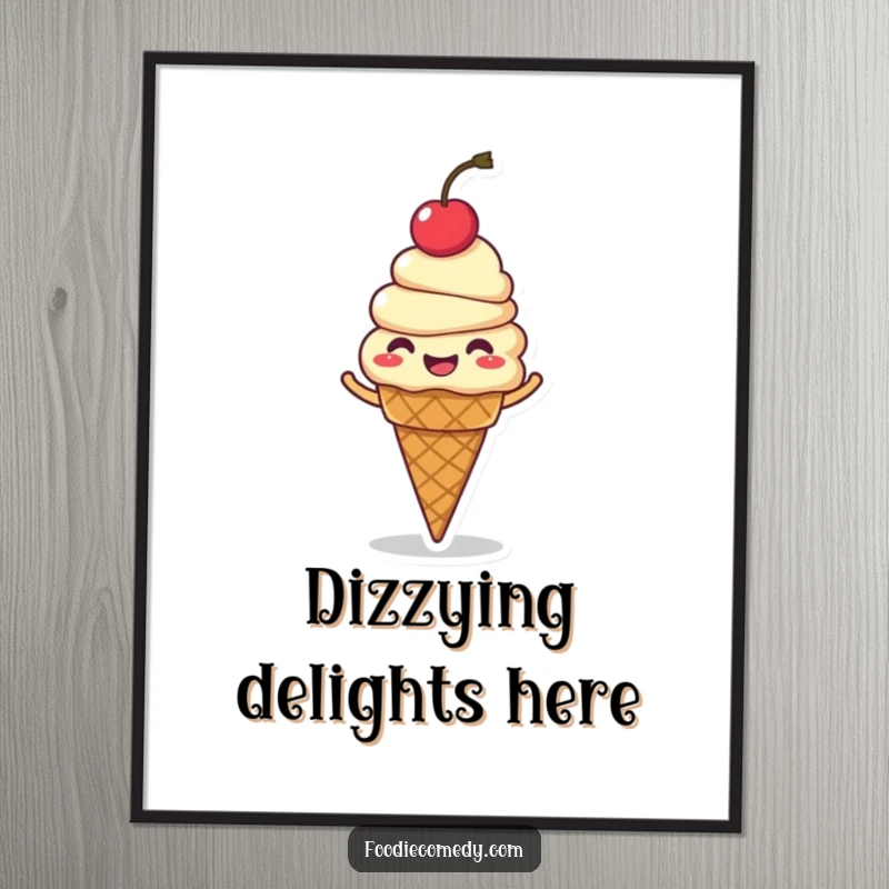 Funny ice cream cone poster print, a giggling character with a cherry on top, mid-spin, bringing vibrant, humorous energy.
