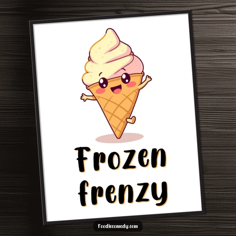 Funny ice cream poster depicting a happy, round cone with bright eyes performing a cartwheel, adding cheer and humor to walls.