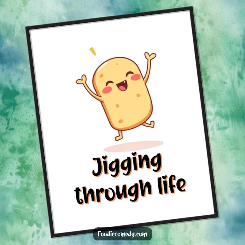 Funny poster of a jubilant bread roll caught mid-jig, bringing a sense of lively celebration and baked goodness.