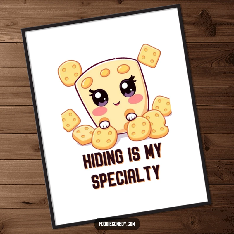 Funny kawaii cheese slice peeking from behind crackers on this wall poster, a delightful and humorous art print.