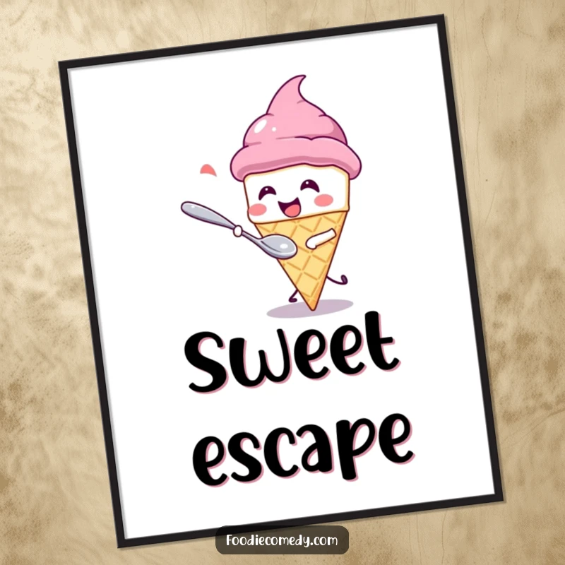 Funny Poster: A kawaii ice cream cone with a giggling expression is playfully chased by a spoon. Humorous wall art for dessert fans.