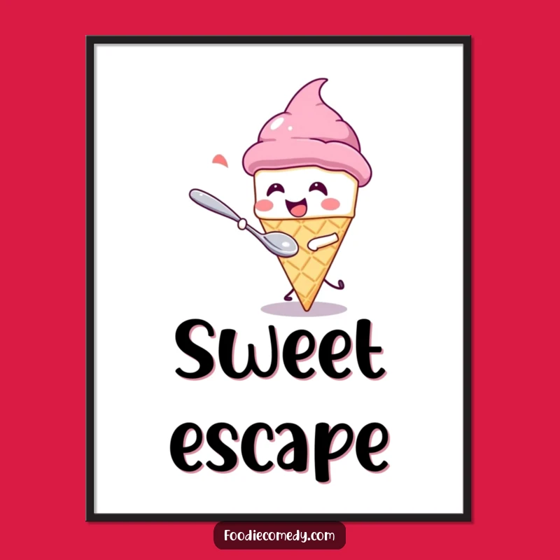 Funny Kawaii Ice Cream Poster: Giggling Cone Spoon Chase Wall Art