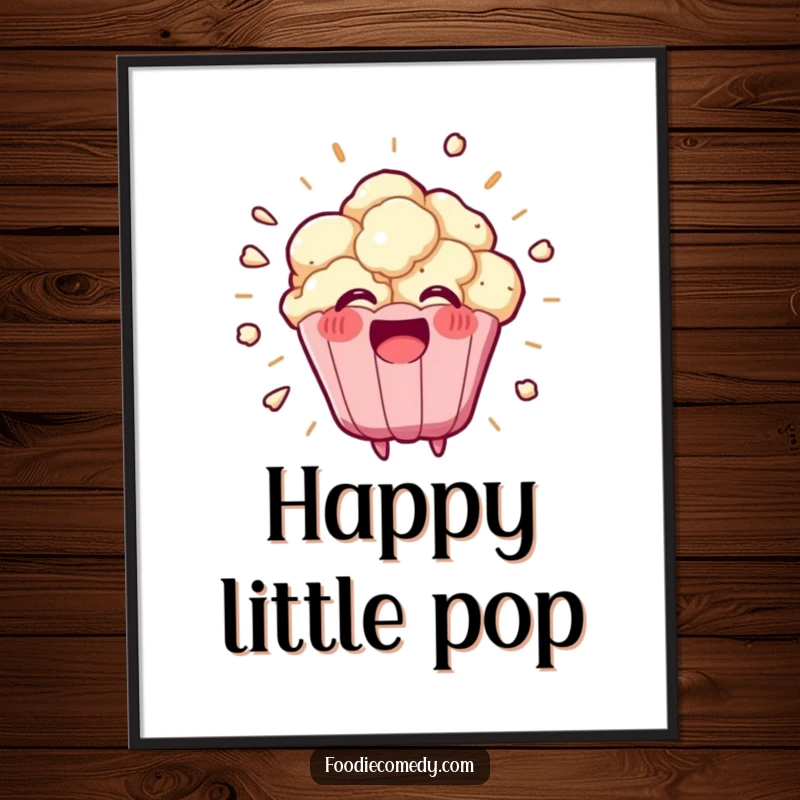 Funny kawaii popcorn kernel exploding into a happy burst on this wall poster, a delightful and humorous art print.