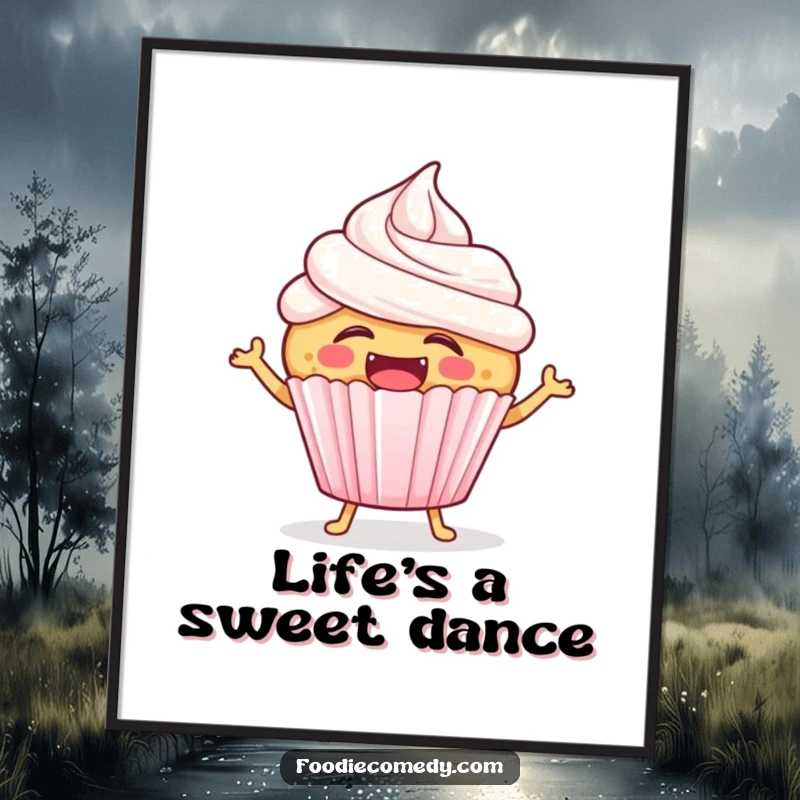 Funny laughing cupcake poster print of a joyful cupcake character with frosting, caught mid-hop to a musical beat.
