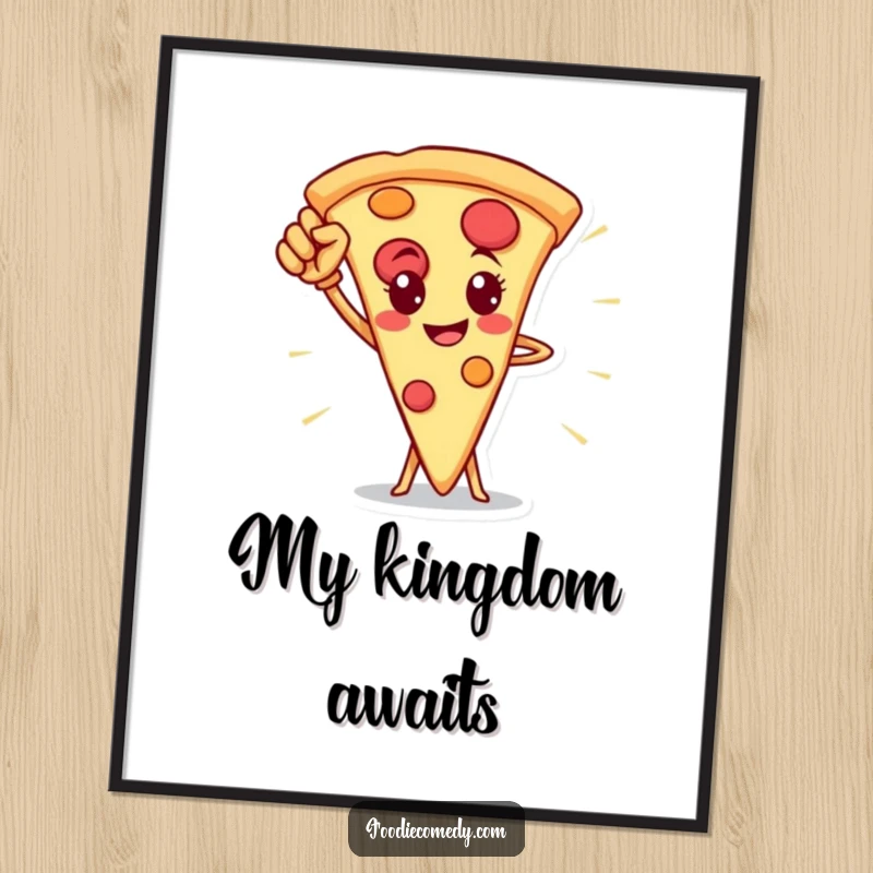 Funny pizza slice hero poster, depicting a proud pizza character in a heroic stance for wall decor.