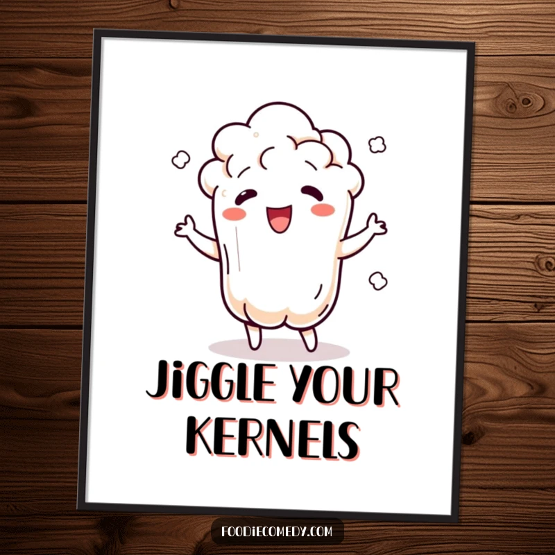 Funny popcorn poster showcasing a dancing popcorn kernel popping and jiggling with rhythm, adding energetic humor.