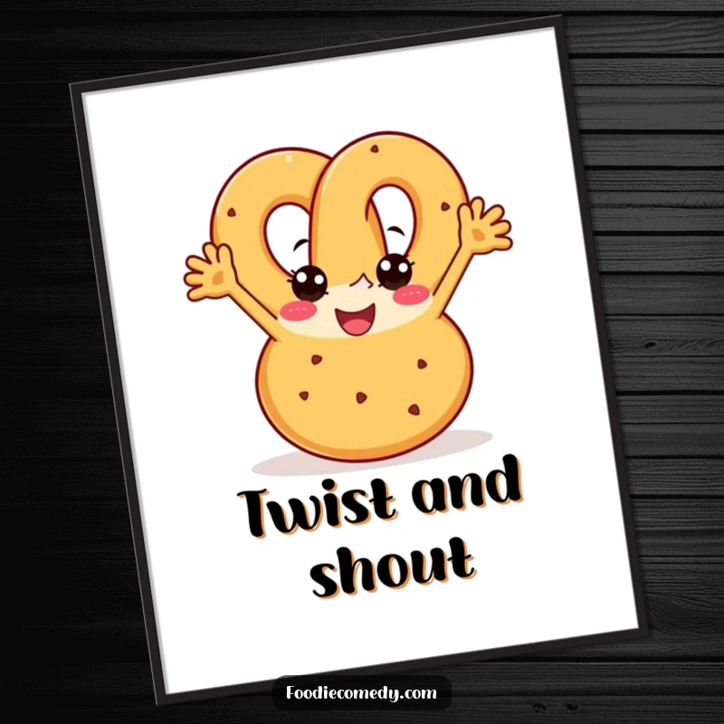 Funny pretzel poster showcasing a joyful pretzel with arms boogying with enthusiasm, adding energetic humor.