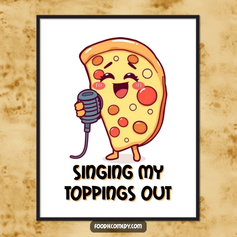 Funny poster art depicting a pizza slice joyfully singing into a microphone, creating a fun and vibrant visual melody.