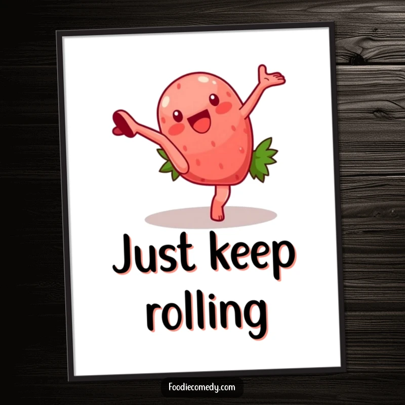 Funny poster featuring a strawberry character in mid-cartwheel, rendered in vibrant colors to bring energetic humor to any room. Ideal wall art for gift-givers.