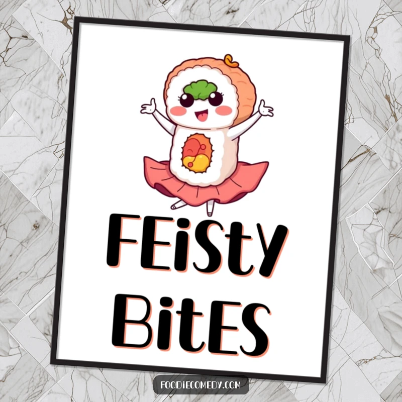 Funny sushi poster featuring a sushi roll in a flamboyant flamenco pose, adding humor and drama to decor.
