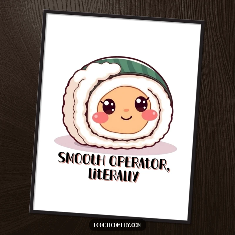 Funny sushi roll poster print of a happy sushi character with eyes sliding smoothly on a flat surface, adding humor.
