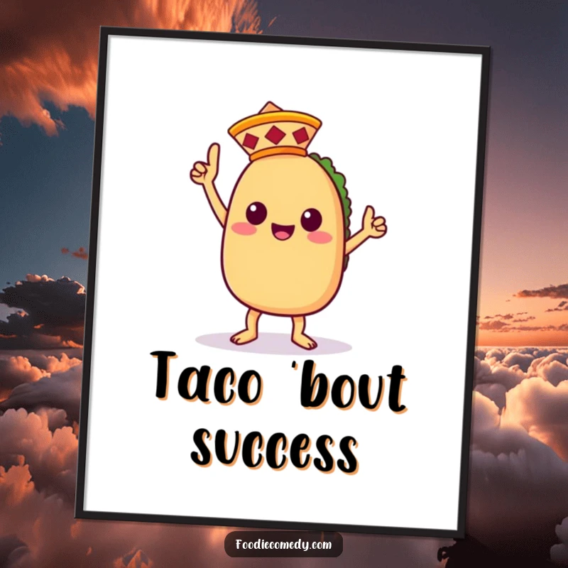 Funny poster artwork of a kawaii taco character celebrating with a victory dance and a miniature sombrero, bringing party vibes.
