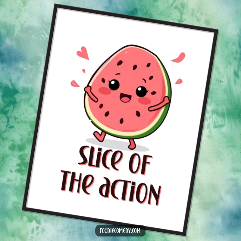 Funny Watermelon Dance Poster: A dynamic illustration of a watermelon slice grooving energetically, seeds flying, creating a lively atmosphere.