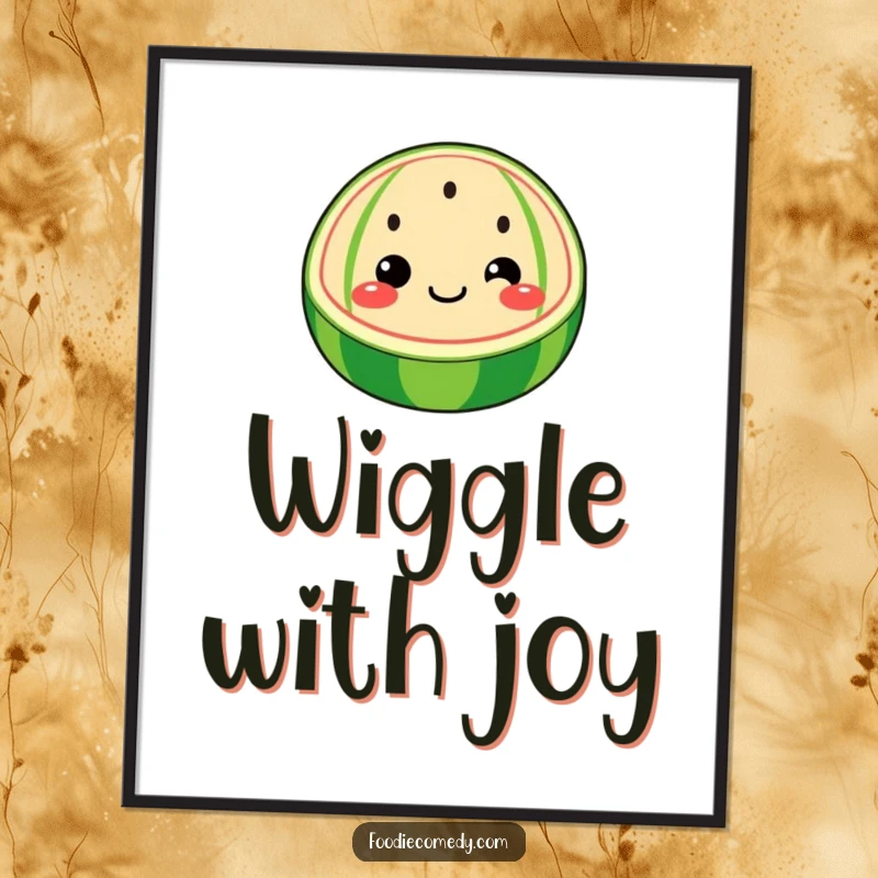 Funny watermelon poster showcasing a whimsical watermelon slice with a face wiggling its seeds, adding sweet humor.
