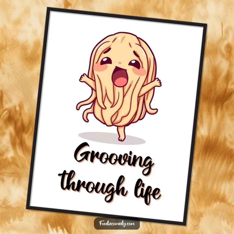 Funny wiggling noodle poster, depicting a playful pasta character in a silly dance for wall art.