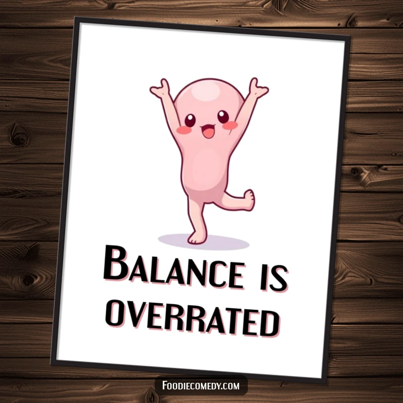 Funny Poster: A wobbly jelly character hilariously attempts a handstand, capturing a moment of pure, unstable comedy for wall art.