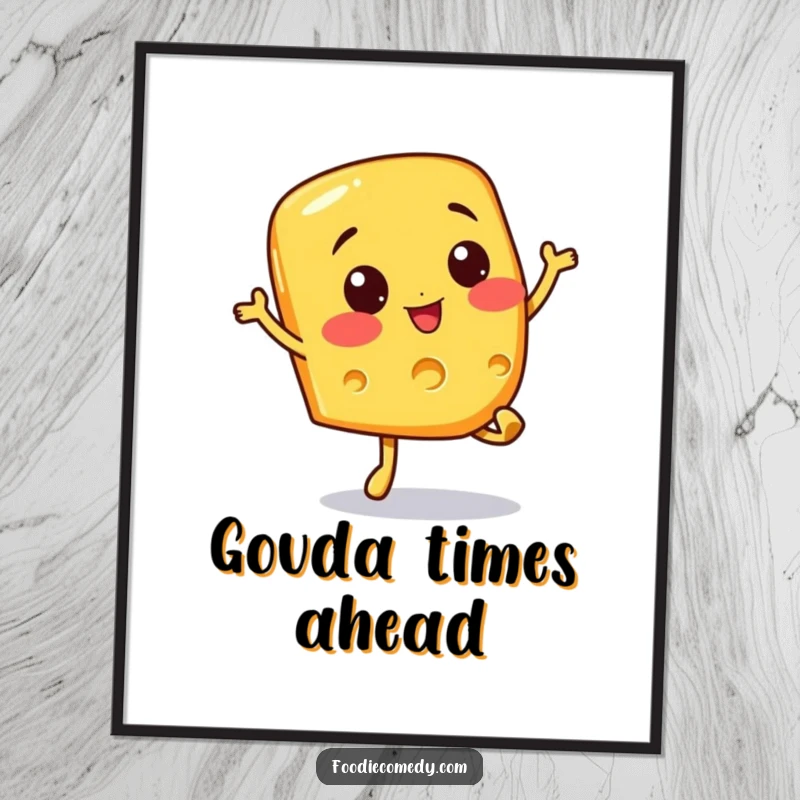 Funny poster art of a happy cheese slice character in a dynamic bouncy hop pose. Adds cheerful energy to any wall.