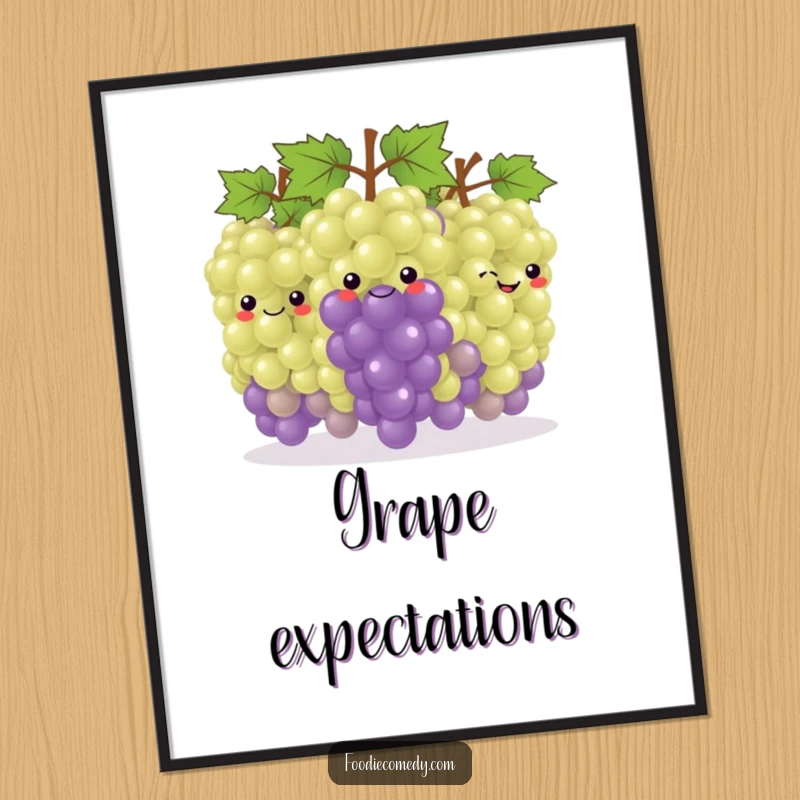 Funny Grape Conga Poster: A vibrant artwork of a smiling bunch of grapes dancing in a conga line, promoting fun and togetherness.