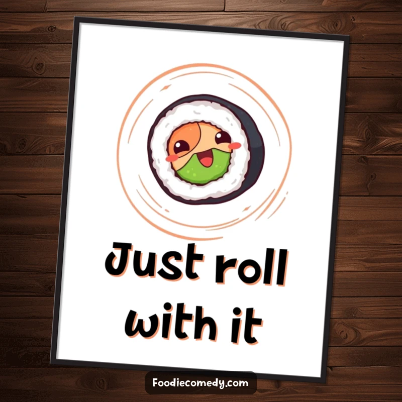 Funny sushi roll poster art, happy sushi roll spinning, cute food art for walls.