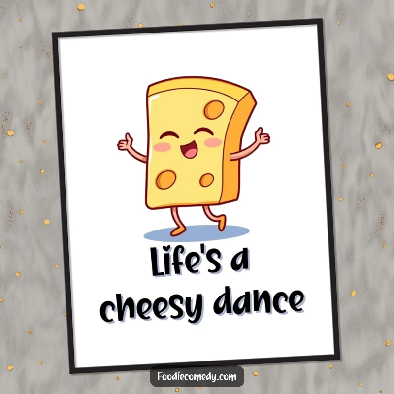 Funny poster showcasing a winking cheese slice performing a dynamic tango, bringing lively energy and humorous charm to the wall.