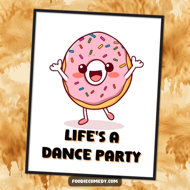 Funny Donut Poster: A happy donut character with sprinkles dances energetically, creating a joyful piece of art.