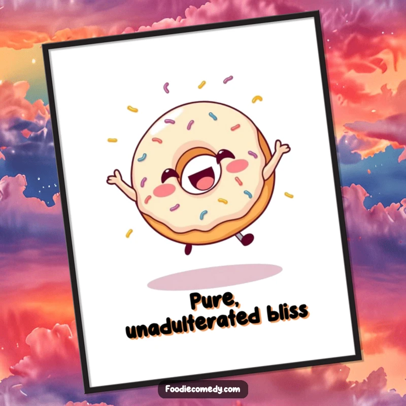 Funny poster of a cheerful donut doing a joyful leap, with sprinkles scattered around, full of energy.