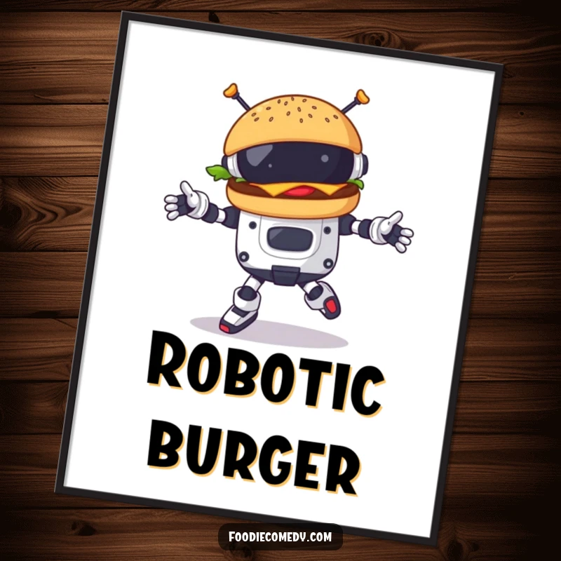 Funny burger character performing a robotic dance on a poster, evoking retro-futuristic cool and humorous fun.