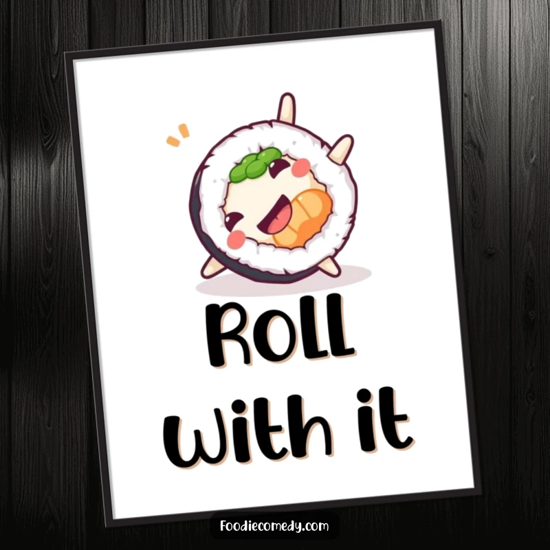 Funny Sushi Somersault Poster showing a sushi roll doing a playful somersault, perfect for adding whimsical wall decor.