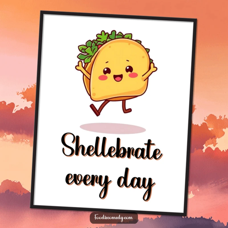 Funny Taco Poster: A taco character with legs performs a lively salsa dance, creating a vibrant piece of art.