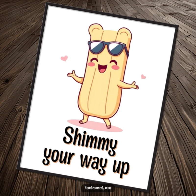 Funny poster art of a delighted baguette grooving with a shimmy, adding a humorous and stylish touch to any wall space.