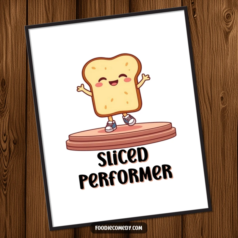 Funny bread poster depicting a giggling, stylized piece of bread wearing tiny sneakers and hopping on a stage, full of playful energy.