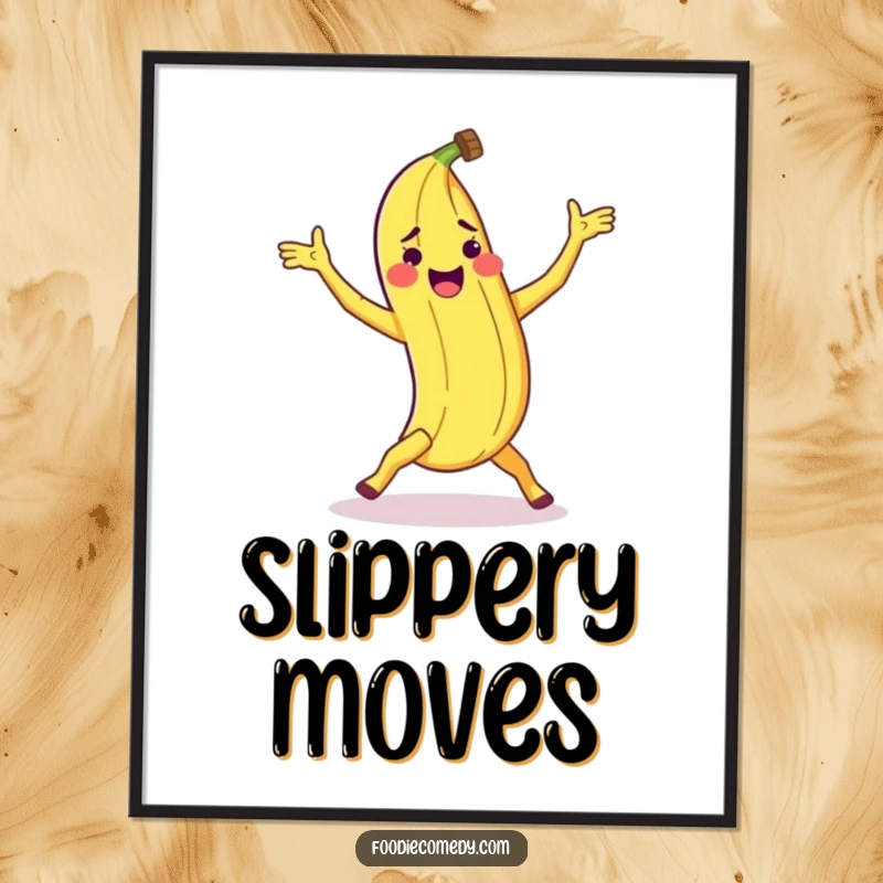 Funny banana peel poster featuring a peel doing a clumsy breakdance move, adding humor and action to decor.