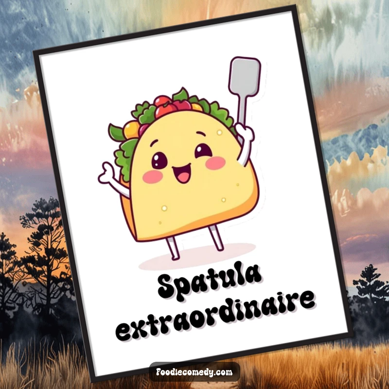 Funny taco poster with a smiling face, tiny legs, and a spatula, bringing culinary cheer to any wall space.