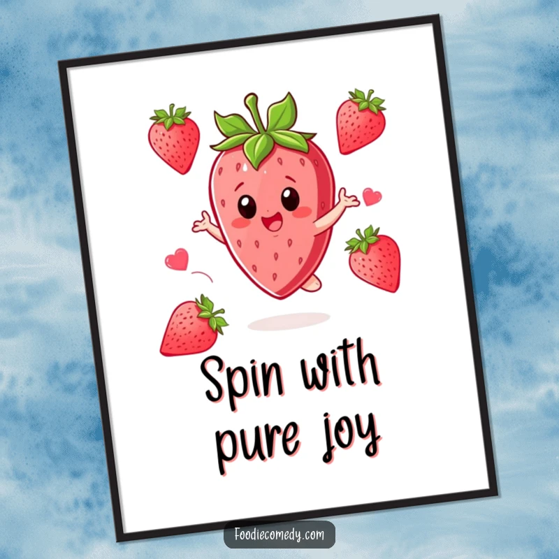 Funny Strawberry Poster: A strawberry character twirls with excitement, creating a joyful and dynamic piece of art.