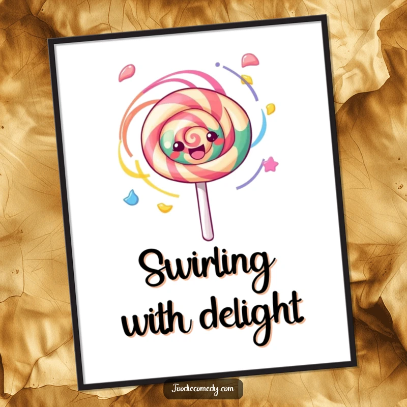 Funny kawaii lollipop joyfully spinning with colorful swirls on this wall poster, a delightful and humorous art print.