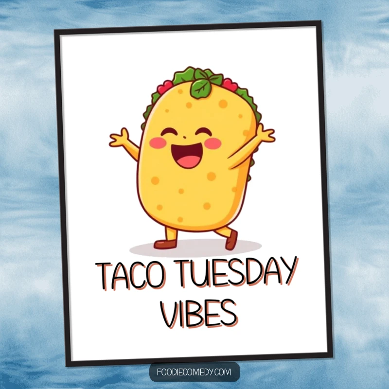 Funny taco salsa dance poster art, taco character dancing, vibrant and energetic food illustration.