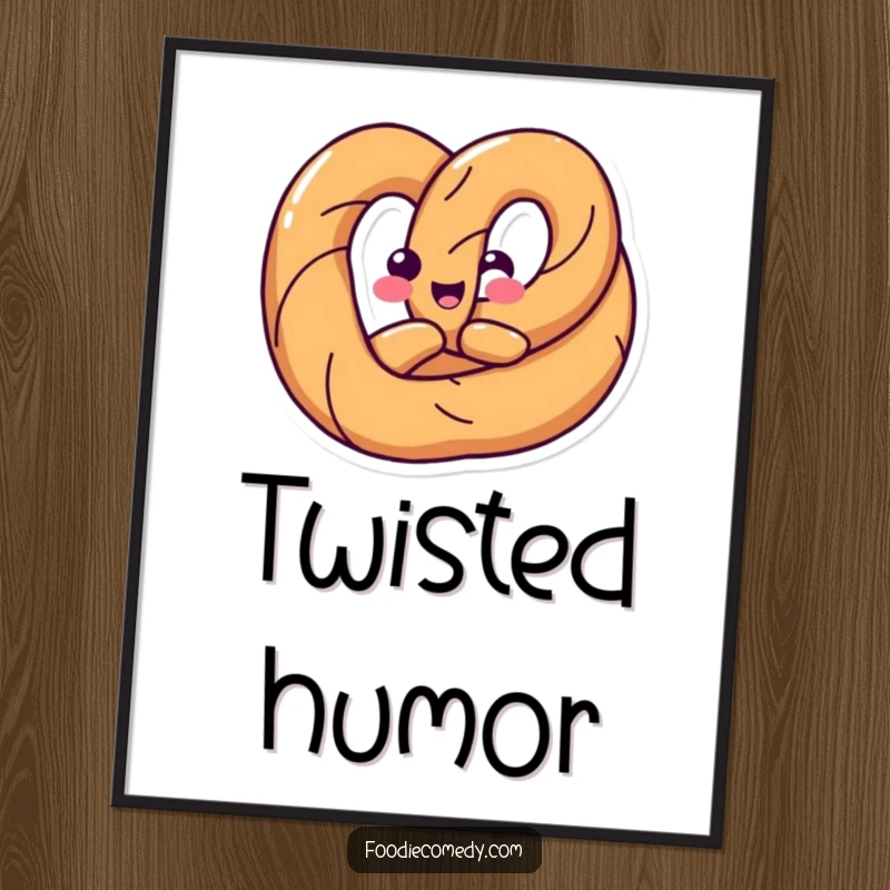 Funny poster art of a happy pretzel twisting its body into a fun shape, bringing humorous and snack-themed art.