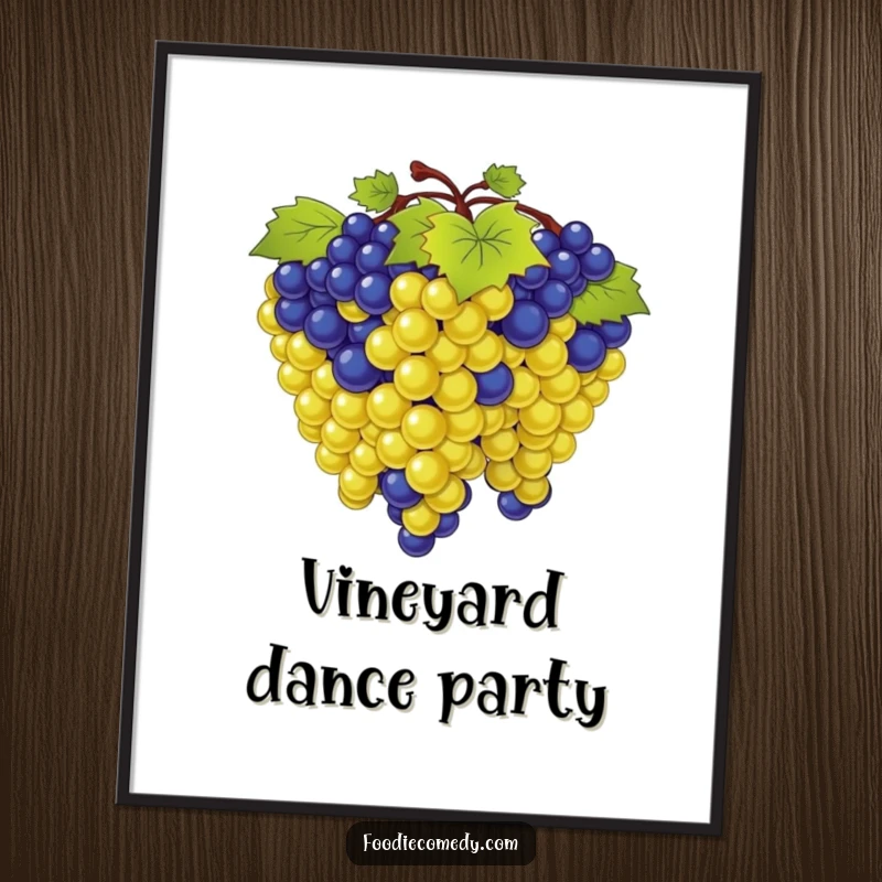 Funny poster art of a bunch of grapes performing a synchronized sway, capturing a moment of collective joy and rhythmic movement.