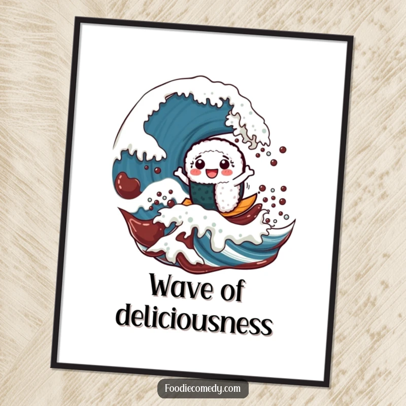 Funny poster art of a cheerful sushi roll character surfing a massive soy sauce wave, depicting a fun culinary journey.
