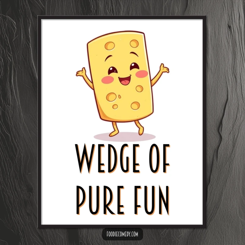Funny Cheese Jig Poster: A smiling cheese wedge performs a jig, creating whimsical and humorous wall art.